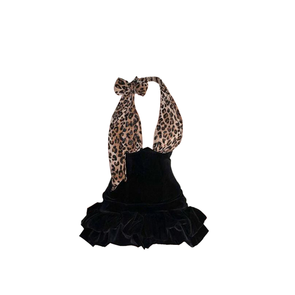 Halter leopard print v neck mini dress