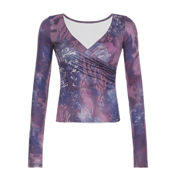 V neck long sleeve tie dye ruched top