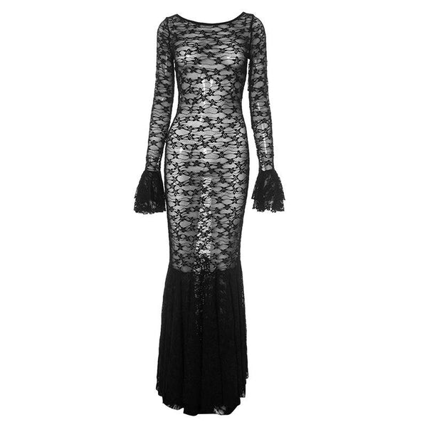 Long flared sleeve lace see through ruched maxi dress
