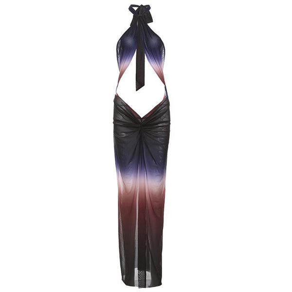 Ruched halter self tie cross front sheer mesh gradient maxi dress