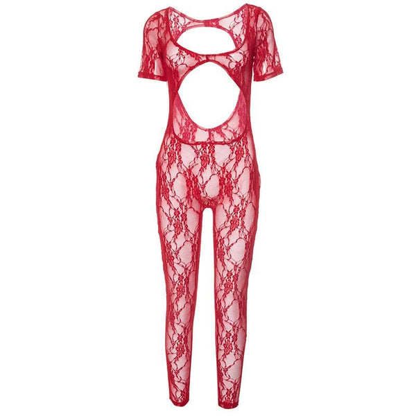 Short sleeve u neck see through lace jumpsuit