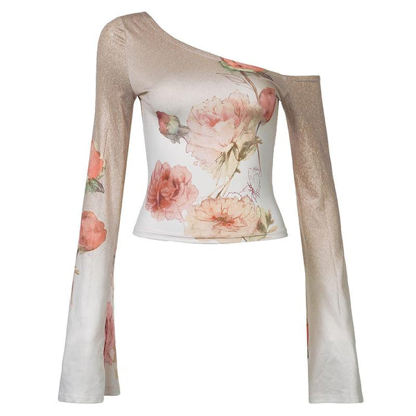 Long sleeve one shoulder flower print gradient top