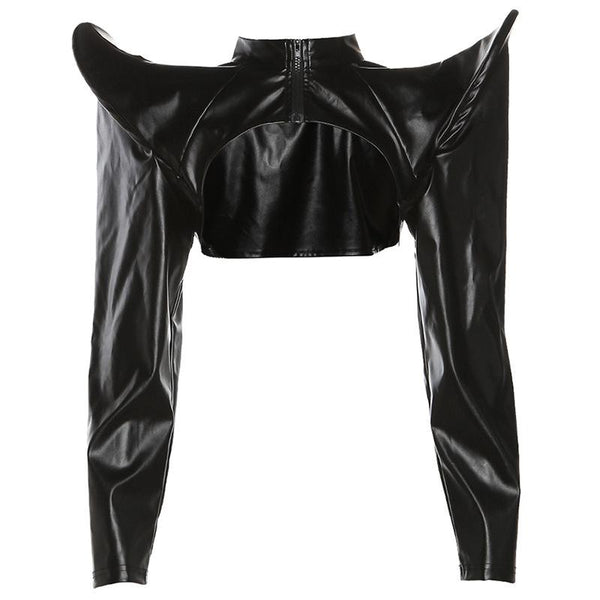 PU leather long sleeve zip-up crop top