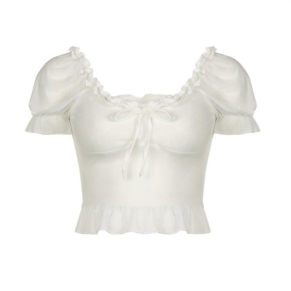 Short puff sleeve ruffle ruched knotted crop top