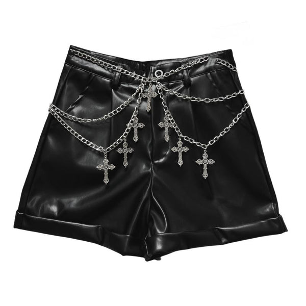 PU leather metal chain short pant