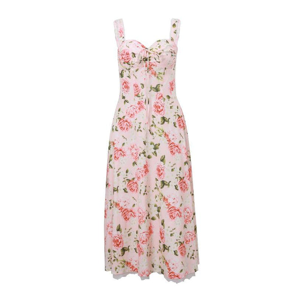 Rose print knotted ruched lace hem cami midi dress
