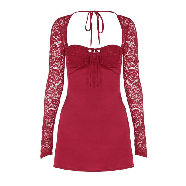 Long sleeve lace knotted ruched solid mini dress