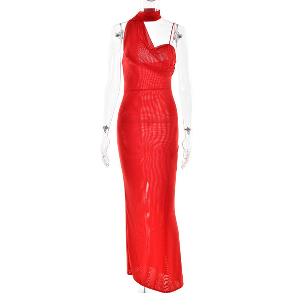 Halter mesh slit backless maxi dress  | red tango dress