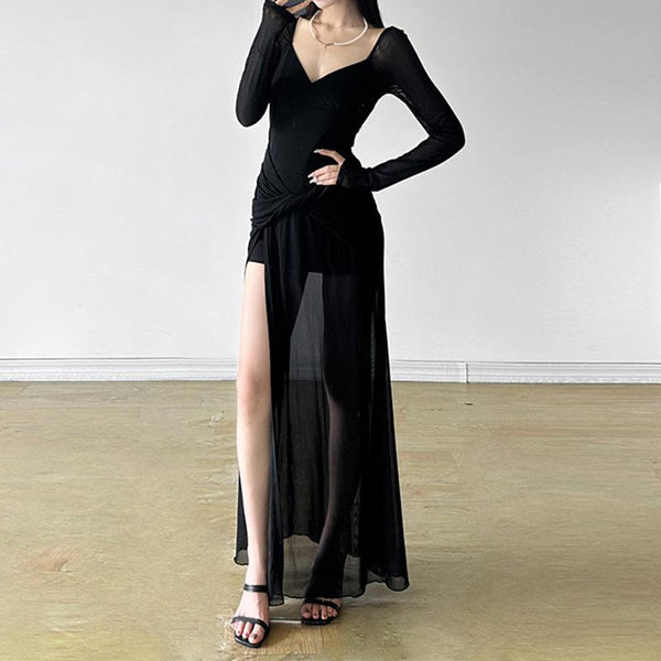 V neck long sleeve slit mesh maxi dress