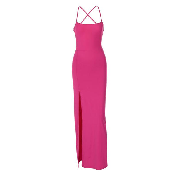 High slit ruched cross back solid cami maxi dress