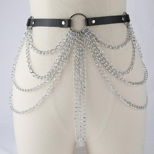 PU leather layered metal chain o ring belt