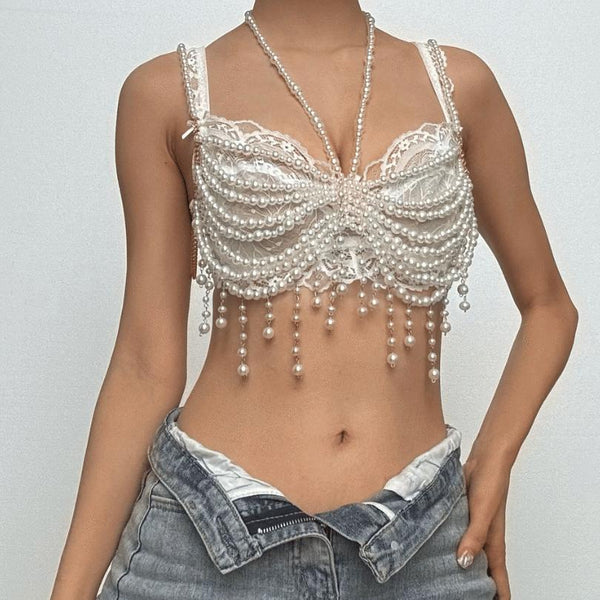 Halter beaded tassels hollow out crop top