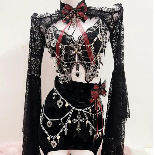 Long sleeve lace butterfly pattern bowknot metal chain mini skirt set