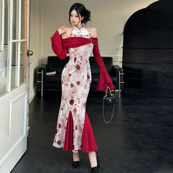 Long flared sleeve velvet flower print hollow out maxi dress