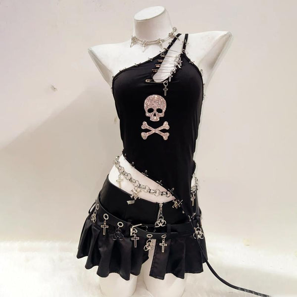 One shoulder beaded skull PU leather belt mini skirt set