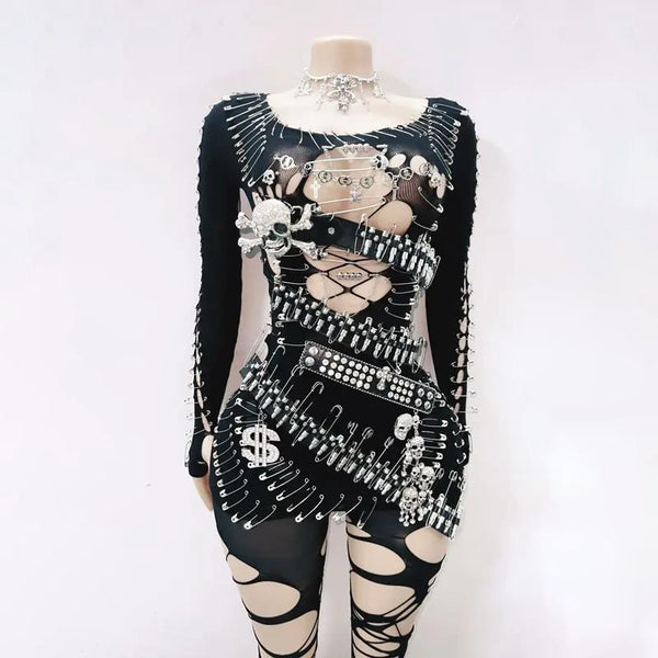 Long sleeve metal applique skull hollow out mini dress