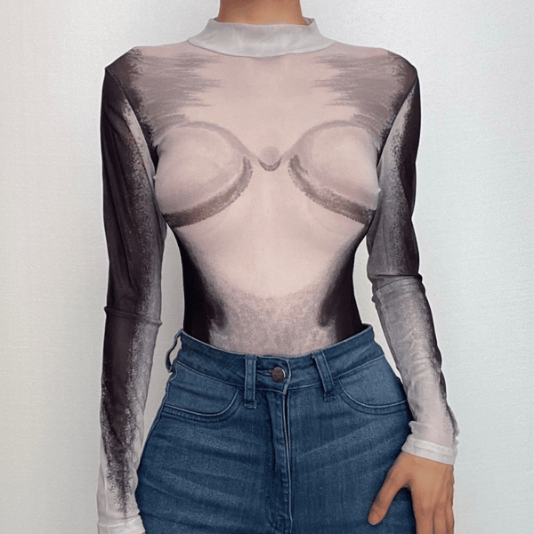 Sheer mesh see through body print high neck long sleeve bodysuit