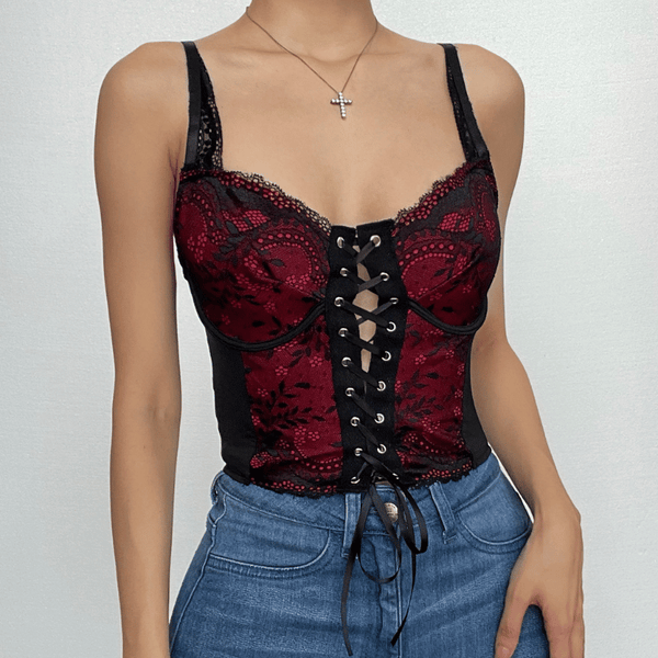 Lace v neck contrast lace up backless crop top