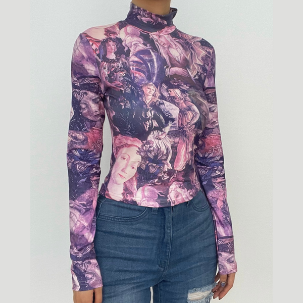 Long sleeve high neck abstract print contrast crop top