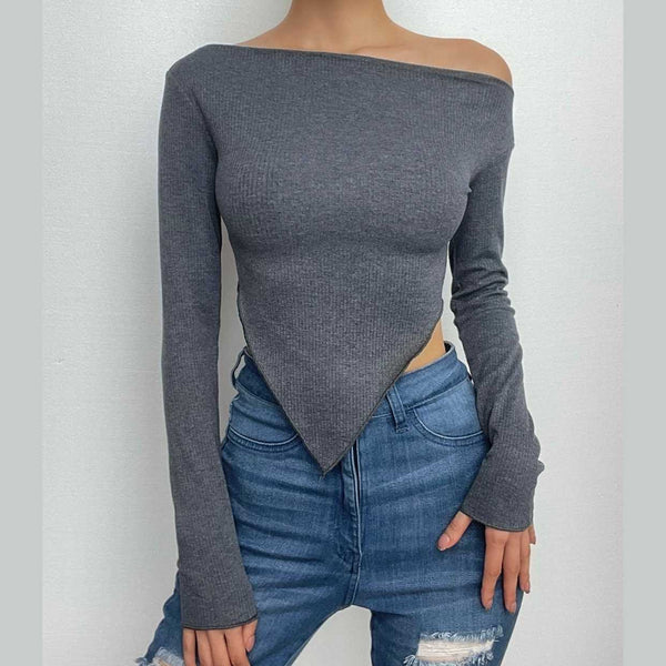 Long sleeve irregular slit off shoulder solid top