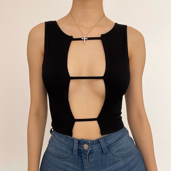 Hollow out sleeveless ribbed solid crop cut out top