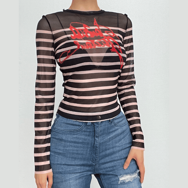 Striped long sleeve contrast sheer mesh see through top