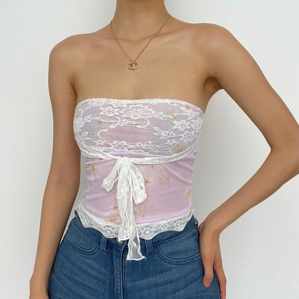 Sheer mesh lace self tie front floral print tube top