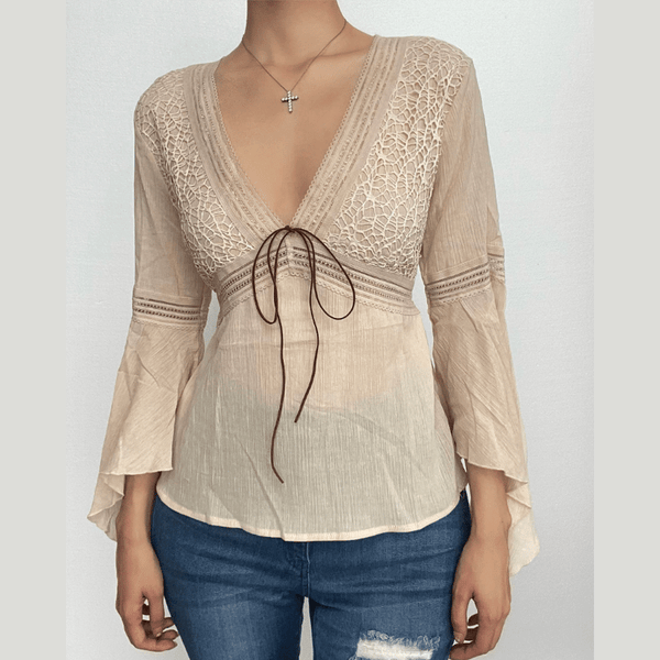 Textured v neck flared sleeve self tie top