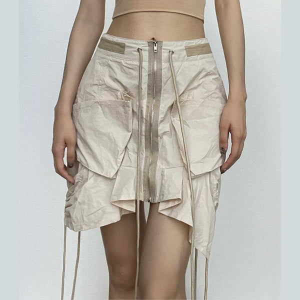 Rrawstring zip-up irregular cargo pocket mini skirt