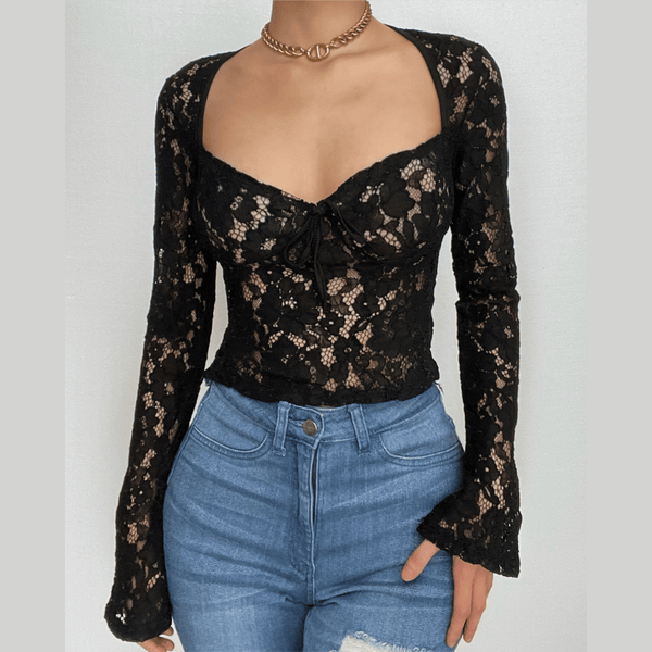 Lace see through self tie solid long sleeve crop top