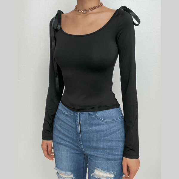 Bowknot solid long sleeve off shoulder 2-way top