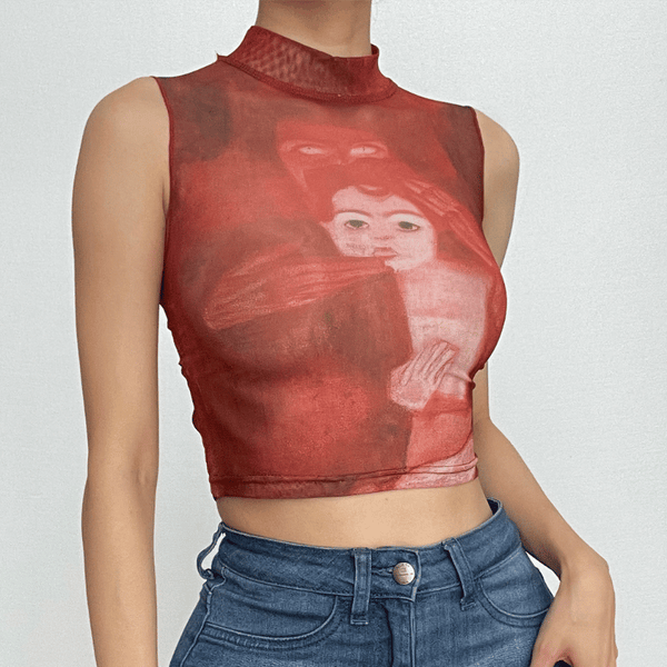 Print sheer mesh sleeveless contrast high neck ruffle crop top