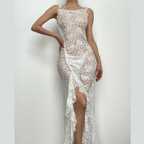 Lace see through self tie solid backless slit maxi dress