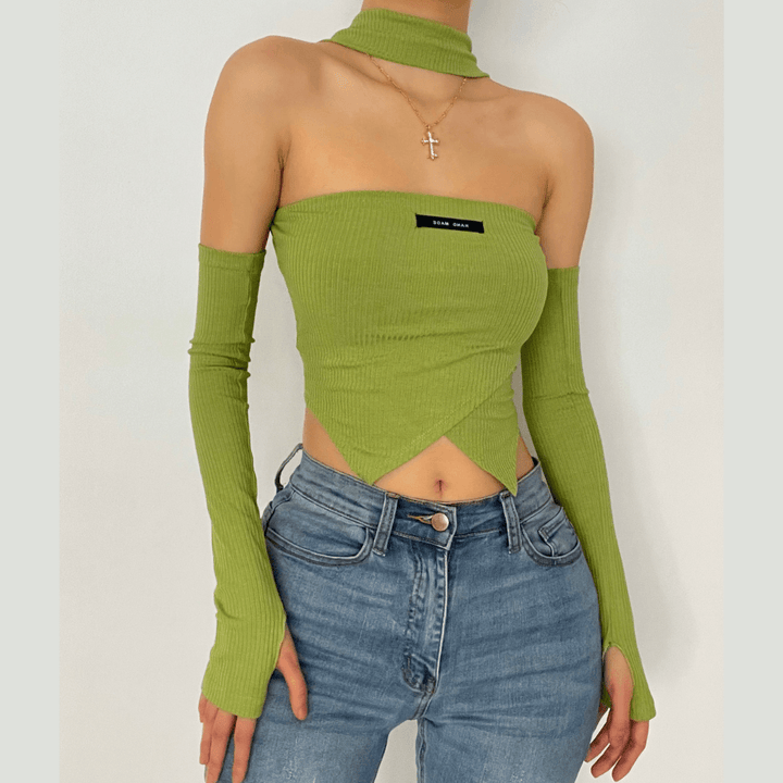 Ribbed halter gloves crop top - Halibuy