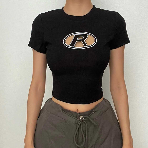 Short sleeve crewneck "R"embroidery crop top