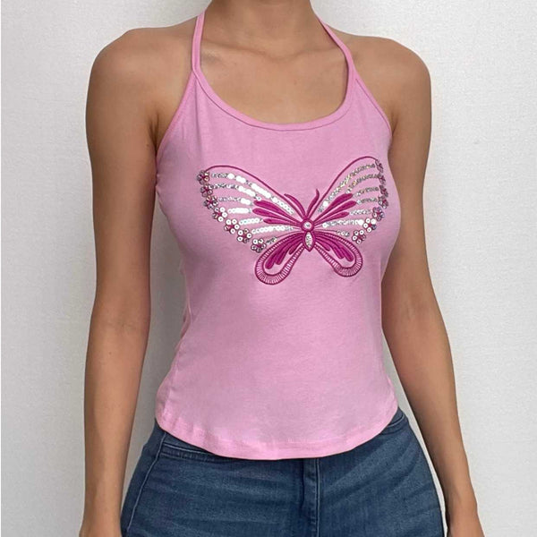 Halter backless glitter embroidery butterfly pattern top