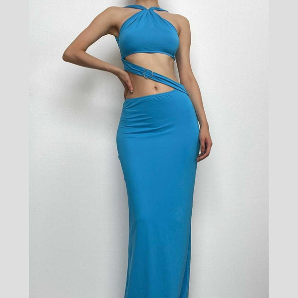 Backless hollow out o ring pearl chain solid maxi dress