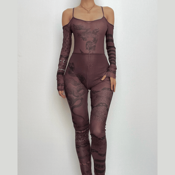 Abstract contrast sheer mesh see through off shoulder bodysuit pant set