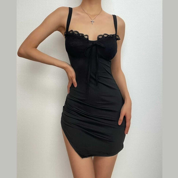Ruched solid sleeveless lace slit self tie backless mini dress