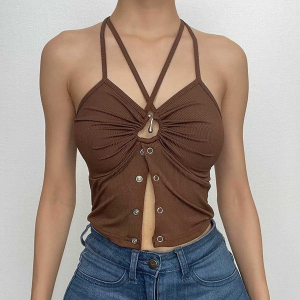 Cross front backless button ruched solid ribbed crop top