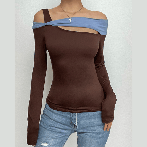 Patchwork long sleeve irregular off shoulder contrast top