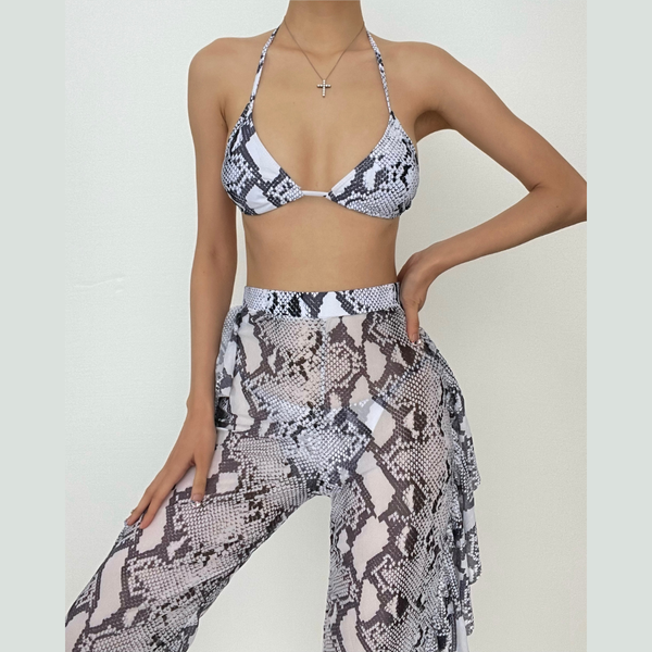 Snakeskin ruffle mesh halter self tie pant 3 piece swimwear