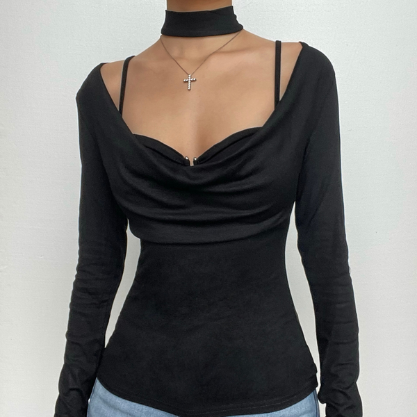 Cowl neck solid long sleeve ruched choker 2 piece cami top