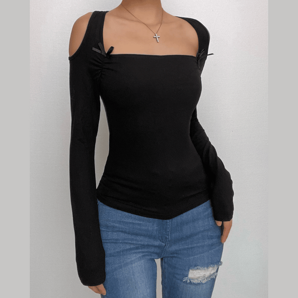 Ruched bowknot hollow out long sleeve solid cut out top