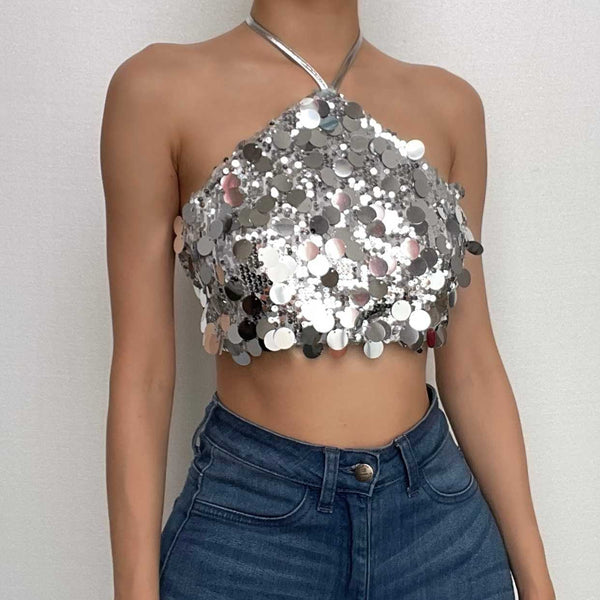 Halter self tie glitter backless textured crop top