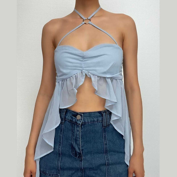 Chiffon ruffle o ring ruched halter backless button crop top