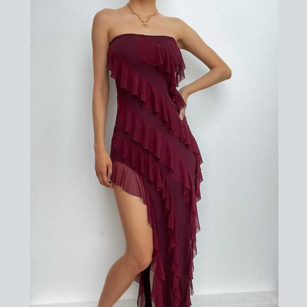 Vestido midi de tubo con abertura y volante liso sin espalda irregular