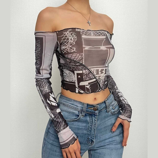 Sheer mesh see through off shoulder stitch contrast crop top