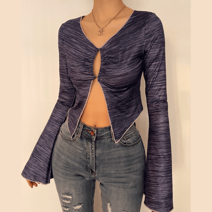 Long sleeve ruffled buttoned slit top - Halibuy