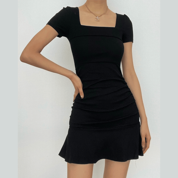 Solid ribbed ruched square neck ruffle short sleeve mini dress